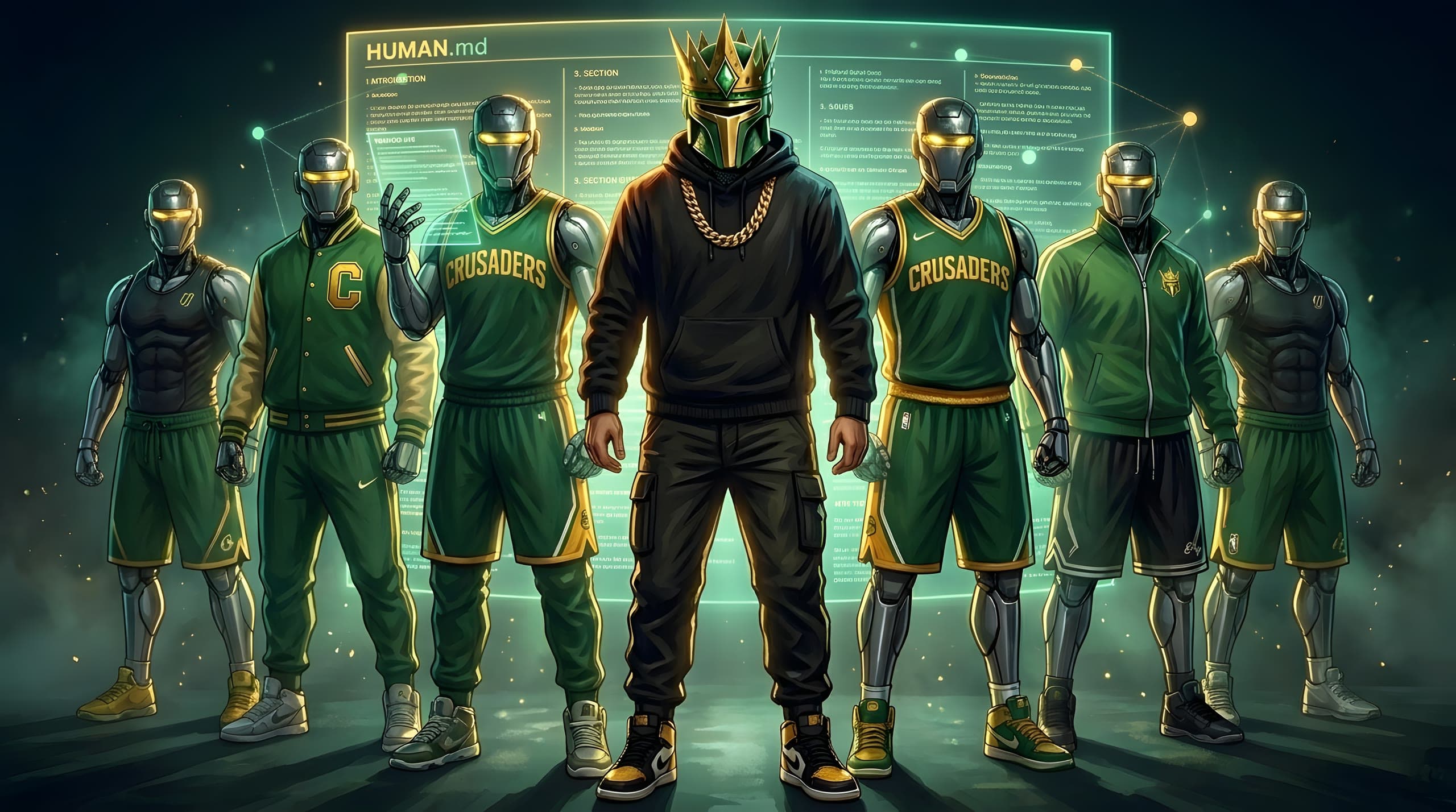 The Crusader and his team of robot agents in Crusaders green-and-gold sports attire, standing in front of a massive holographic HUMAN.md document floating behind them.