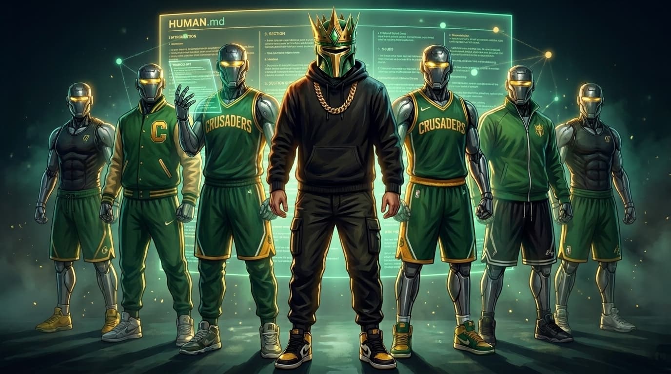 The Crusader and his team of robot agents in Crusaders green-and-gold sports attire, standing in front of a massive holographic HUMAN.md document floating behind them.